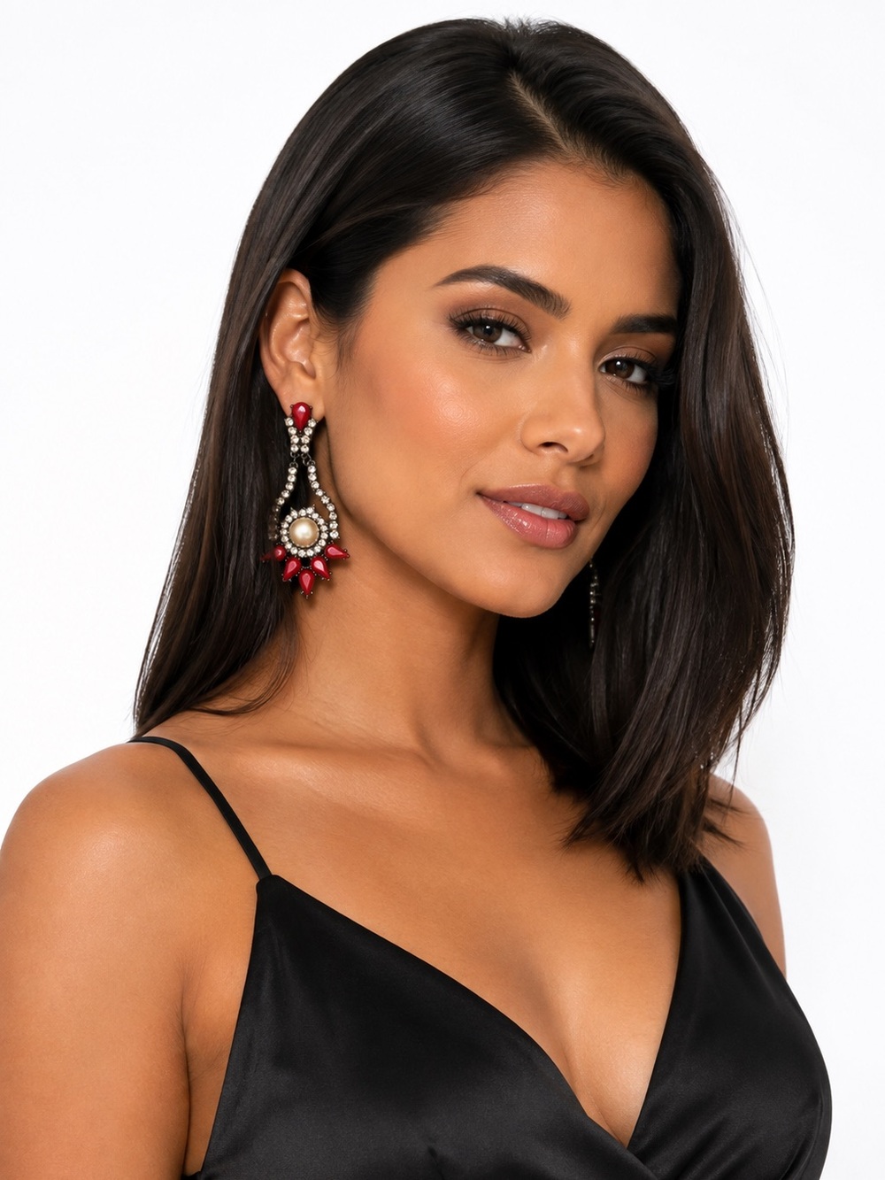 Forever 21 Red Rhinestone Faux Pearl Statement Drop Earrings